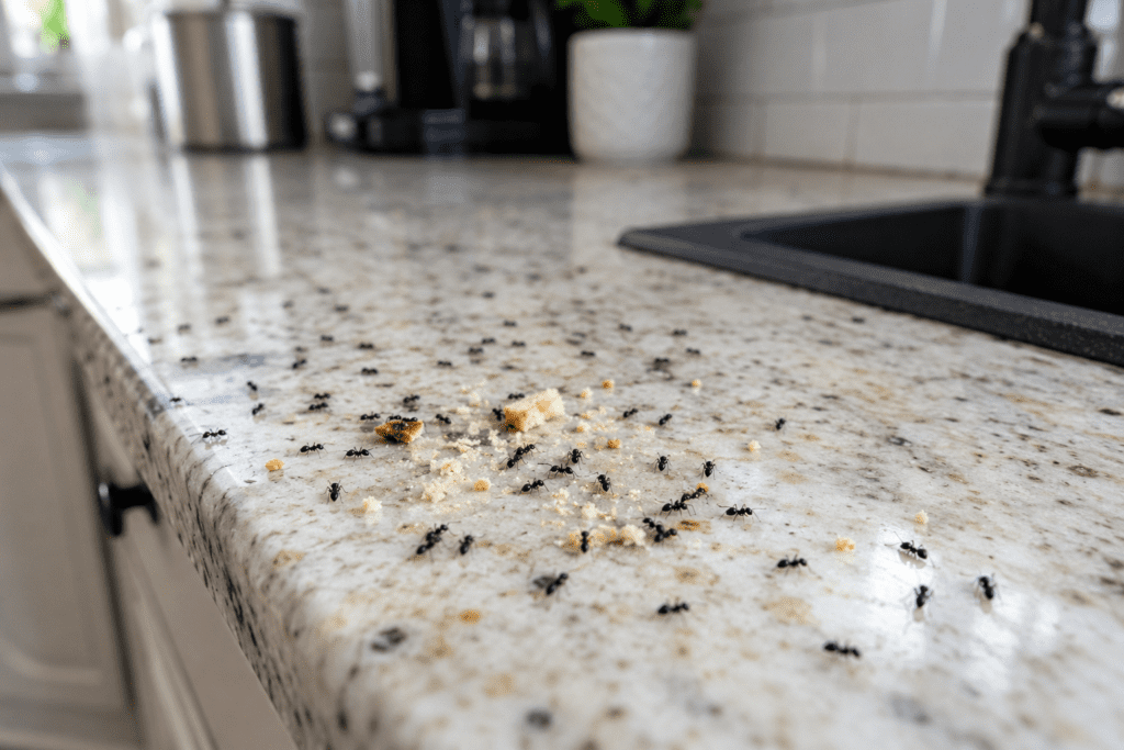 ants attracted to food crumbs on kitchen counter